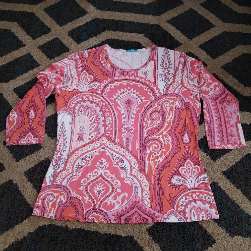 J. McLaughlin Graphic 3/4 Sleeve Top Size L